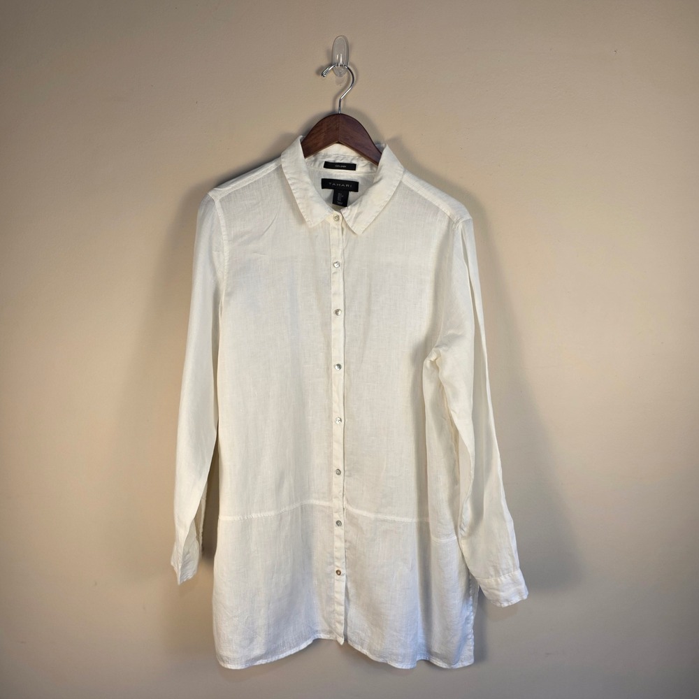 Tahari Linen Button Down Tunic Women Large White Roll Tab Sleeve Longline Shirt
